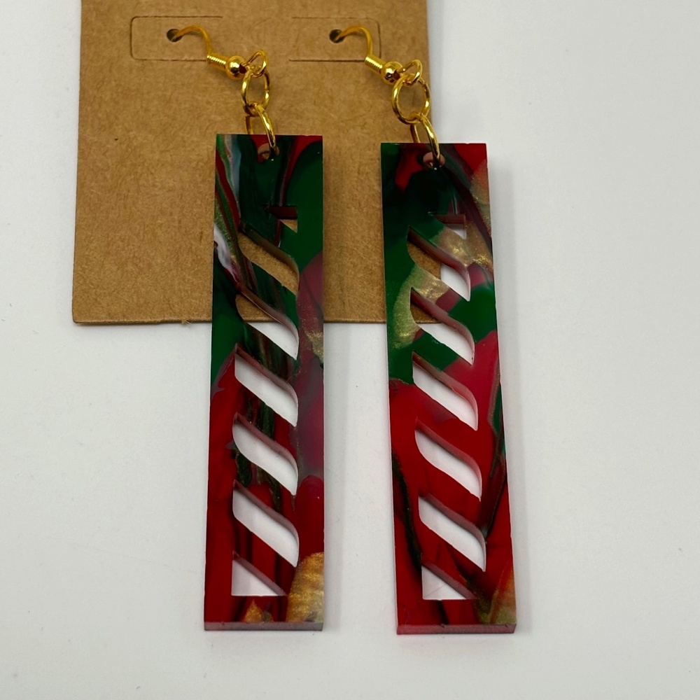 Handmade Christmas Acrylic Dangle Earrings Red Green White Laser Cut Rectangles